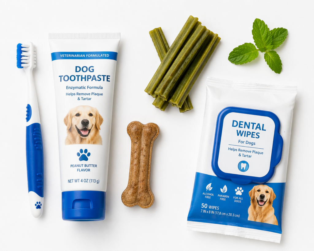 dog teeth cleaning tools toothbrush toothpaste dental chews and wipes