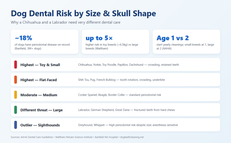 Infographic showing dog dental risk by size and skull shape: toy and flat-faced breeds highest risk, large breeds at risk of fractured teeth, sighthounds an outlier.