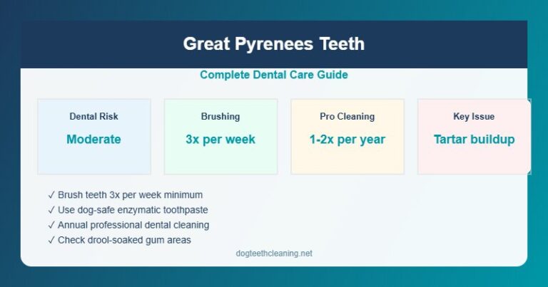 Great pyrenees teeth care infographic showing dental risk, brushing frequency and care routine