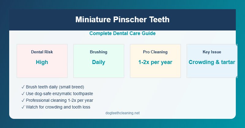 Miniature pinscher teeth care infographic showing high dental risk, daily brushing requirement and care routine